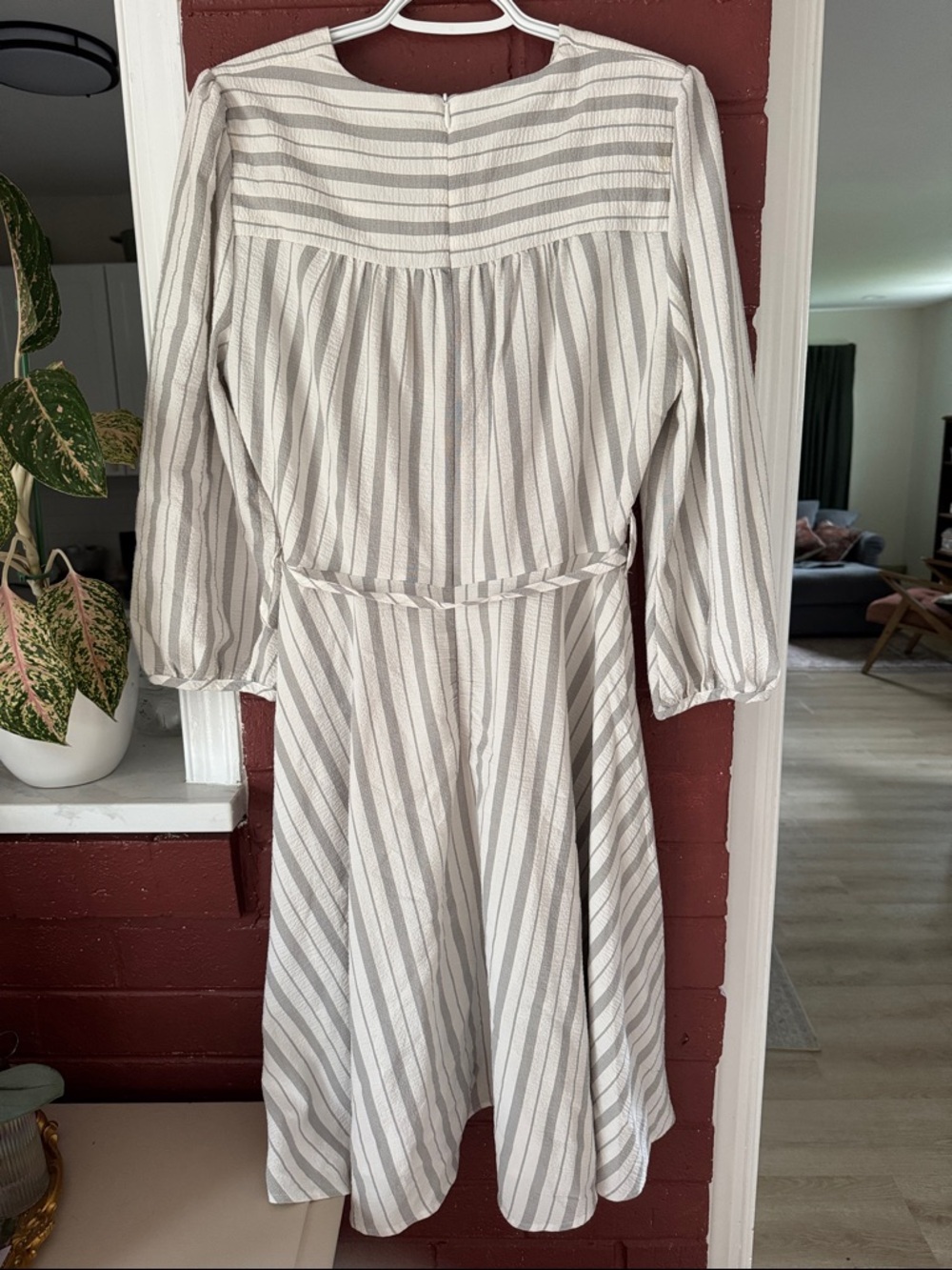 Calvin Klein White and Gray Striped Wrap Midi Dress with Tie Waist - Picture 6 of 9